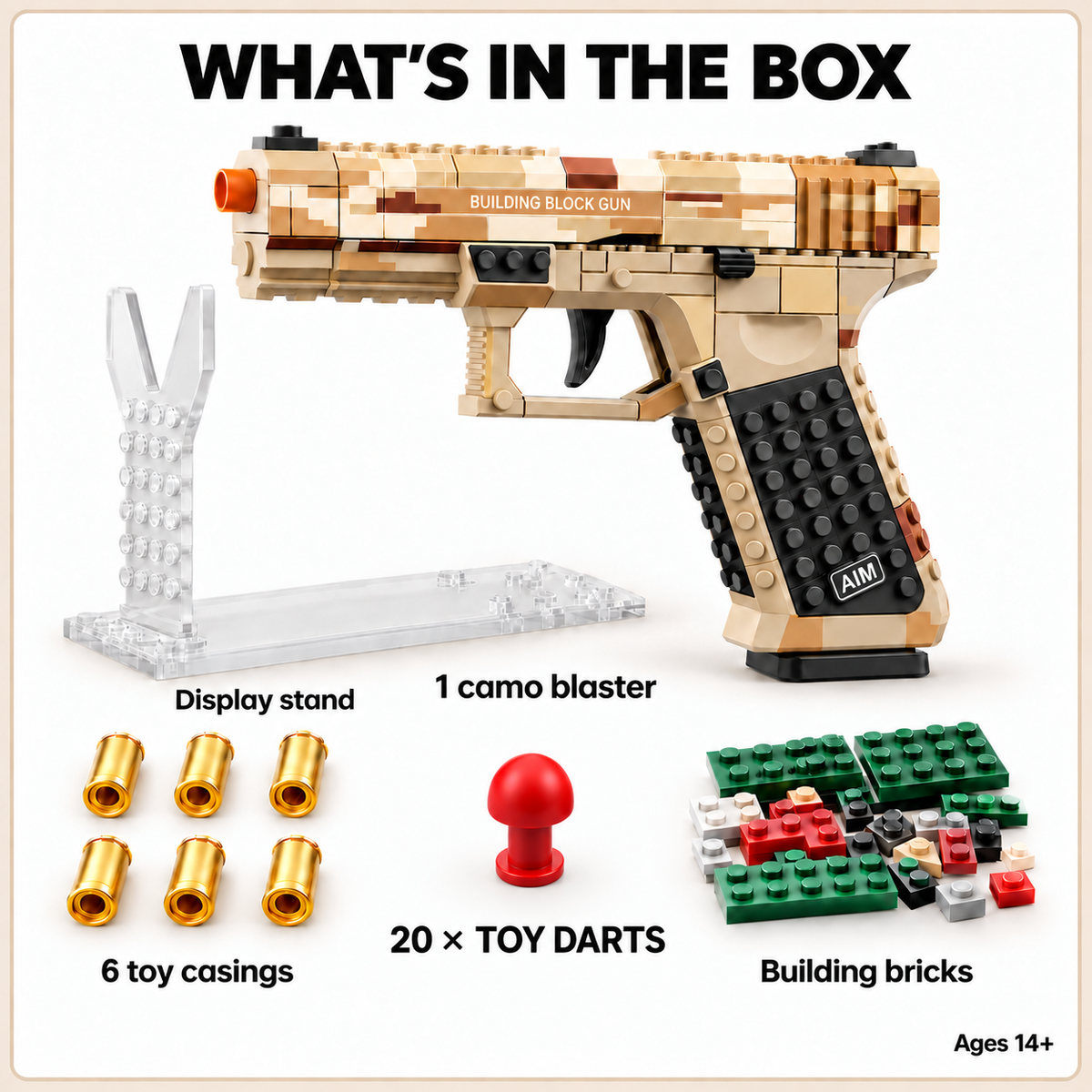 Includes one camo toy blaster, six toy casings, twenty red toy darts (one example shown), building bricks and a display stand
