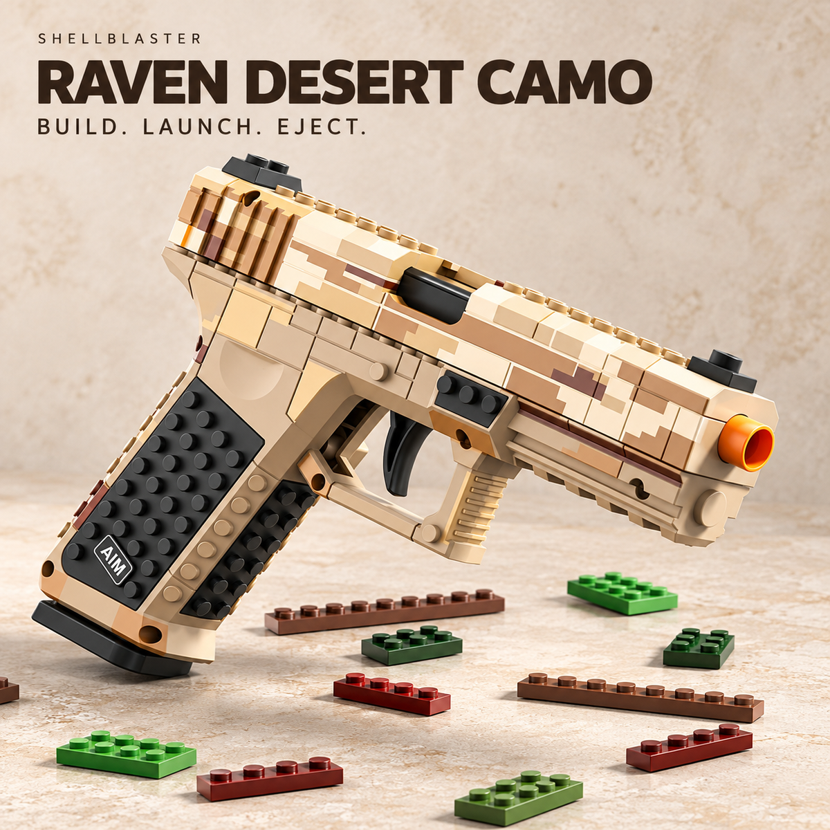 Raven Desert Camo brick-style toy blaster: Build. Launch. Eject.