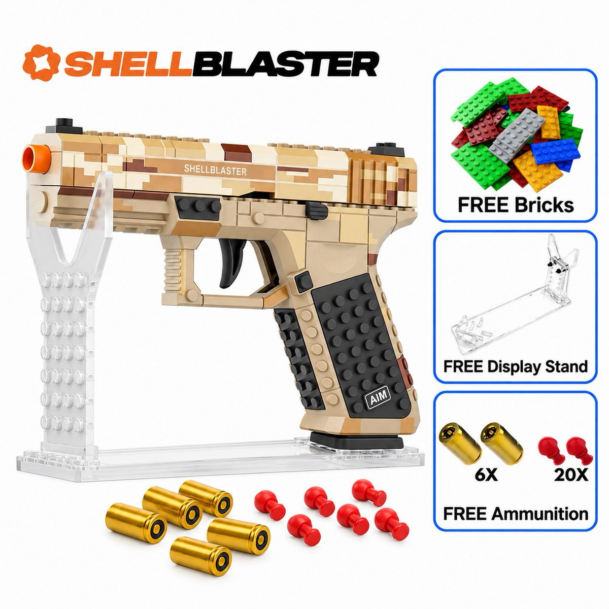 Raven Desert Camo Shellblaster with orange muzzle and clear display stand